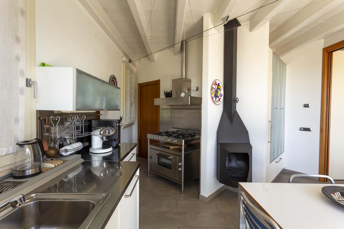 The range cooker and the wood-burning stove in the kitchen
